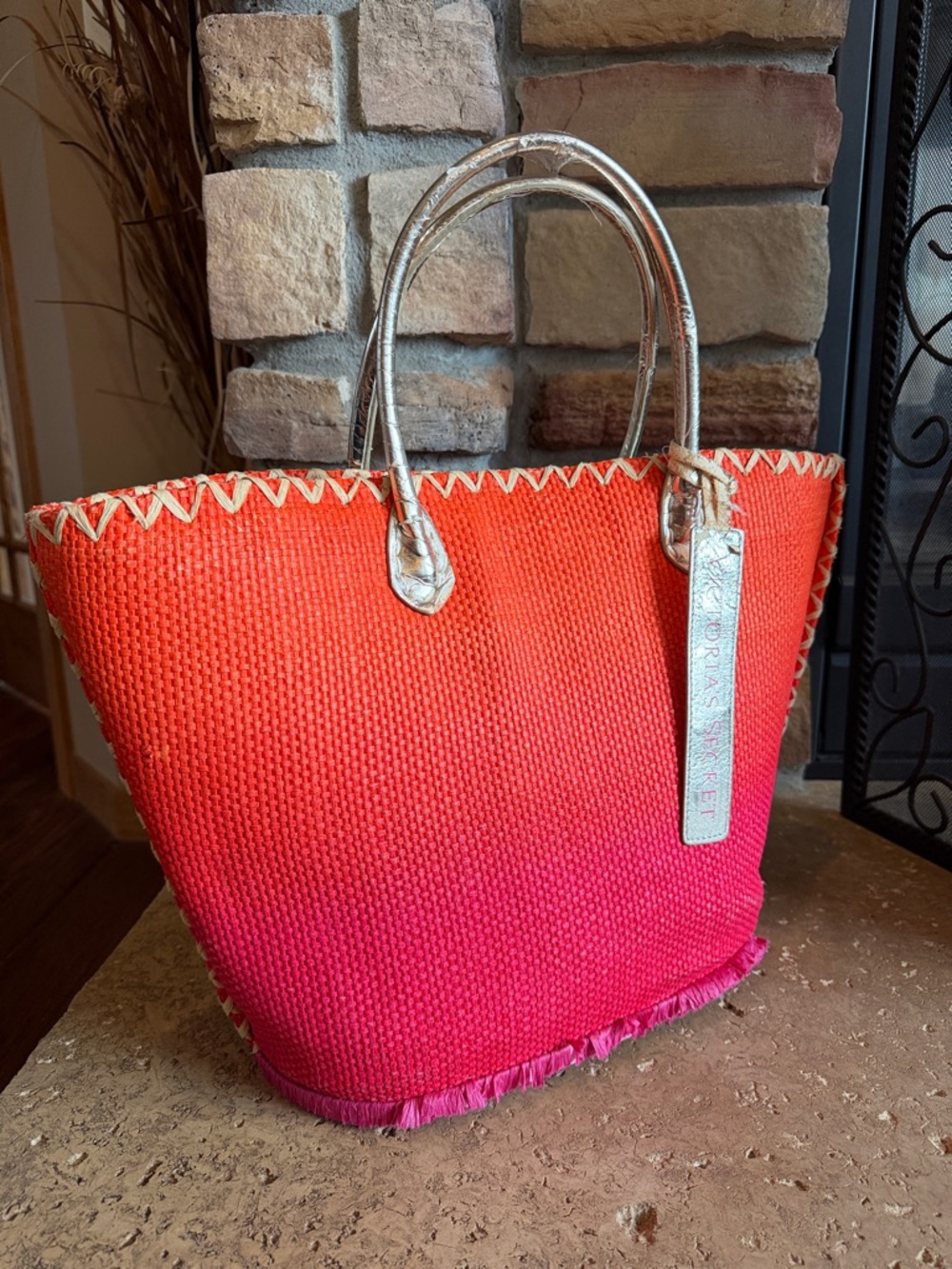 Adorable Victoria’s Secret Coral to Pink Ombre Straw Tote with Silver Handle